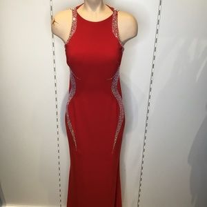 Red Halter Racer Back stretch gown with rhinestones